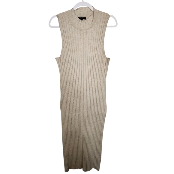 Banana Republic Ribbed Knit Midi Dress Sleeveless Mock Neck Neutral Capsule L - Picture 2 of 5